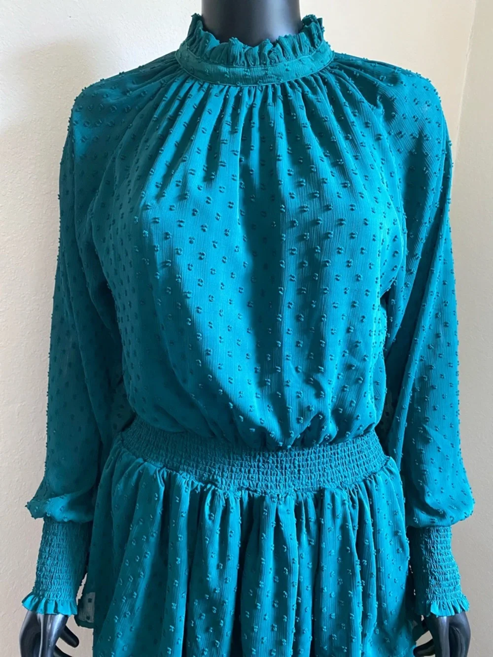 MUD PIE Green Swiss Dot Tiered Long Sleeve Mini Dress - Picture 12 of 14